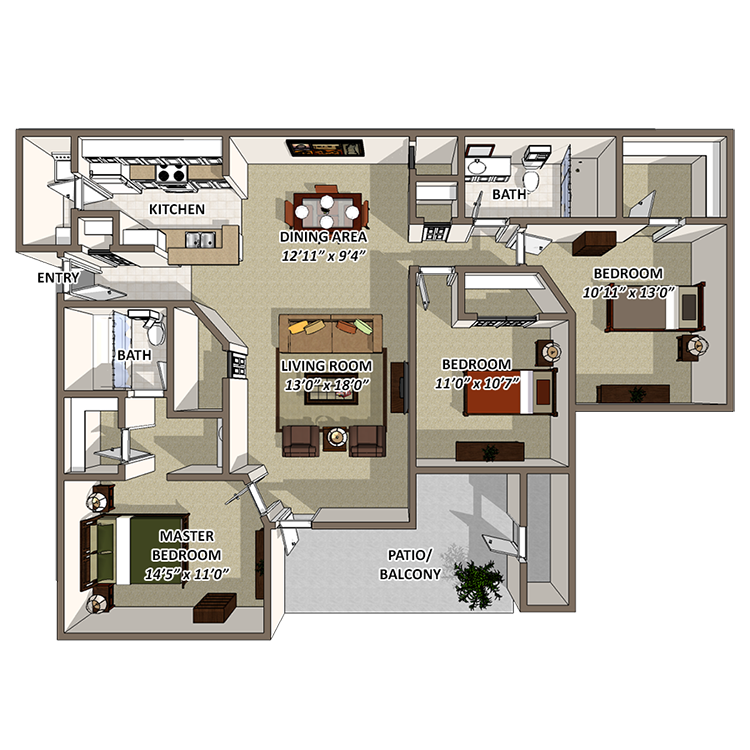 Floor plan for 3 beds, 2 baths, 1287 sqft
